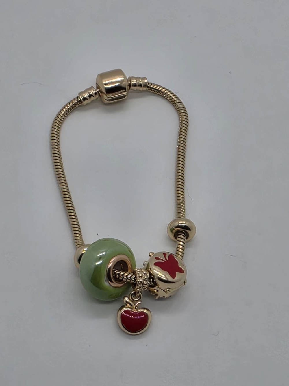 Gold Plated Pandora Style Charm Bracelet 7" Apple Butterfly Crystal Bead - Picture 2 of 3